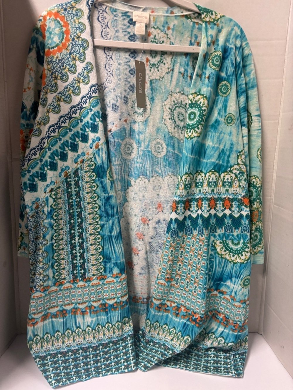 Chico's Teal, Aqua & Orange Patterned Open Cardigan